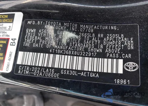 2008 Toyota Avalon Xls z USA, uszkodzony, nr VIN 4T1BK36BX8U322917